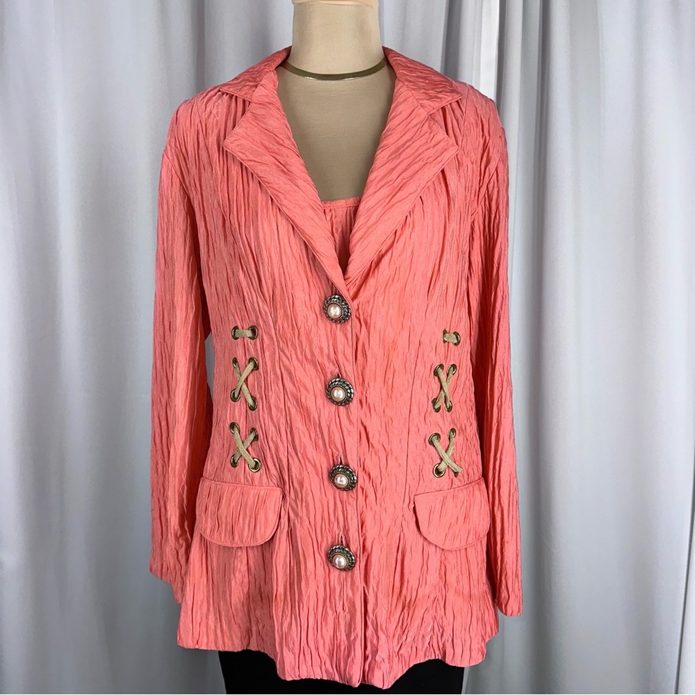 Vintage Sue Blue Tank And Jacket 2 Piece Set Sz XL? Coral Crinkle USA Made READ
